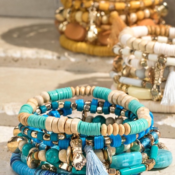 SOLD OUT Multi Layer Ivory Charm Beaded Wood Metal Gold Bead Stretch Bracelet - Picture 2 of 3